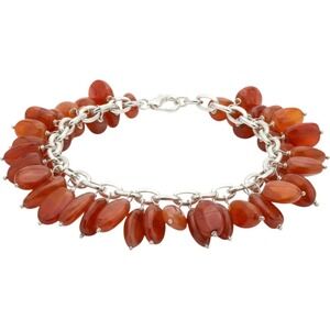 Carnelian Agate Chunky Charm Bracelet Orange Stone Silver Tone Toggle 7.5 Inch